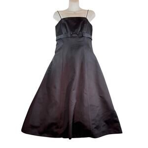 David's Bridal BLACK Satin Formal Prom Dress Tea Length Empire Waist Size 6